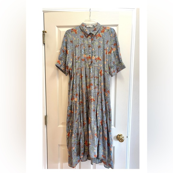 Natural Life XL Blue Floral Tiered Shirt Dress Boho Cottagecore Midi - Picture 2 of 6